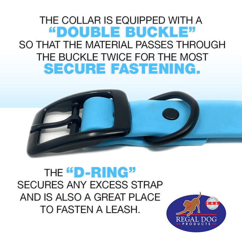 Waterproof Standard Dog Collar with Black Hardware Double Buckle & D Ring with Matching 5' Leash Combo Small Black Harware Light Blue