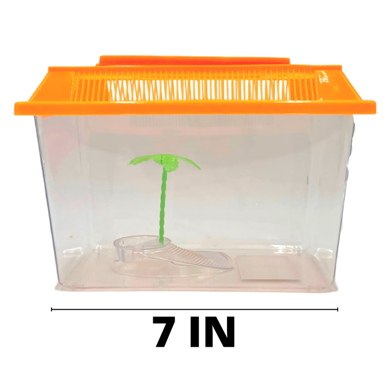 Mini Neon Plastic Reptile Carrier, Small Terrariums for Hermit Crabs, Lizards, and More with Palm Tree Accessory, Crab Hunting Supplies, Color May Vary, 7 Inches - PawsPlanet Australia
