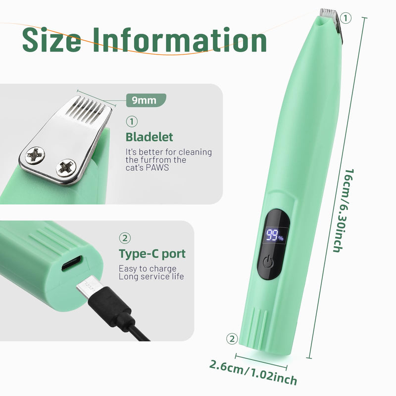 Electric Dog Paw Trimmer with LCD Display, Pet Hair Trimmer for Dogs Paws, Paw Hair Trimmer for Dogs, Pet Micro Precision Trimmer, Cat Paw Pad Trimmer for Grooming, Paw Shavers for Dogs Feet (Green) Green - PawsPlanet Australia