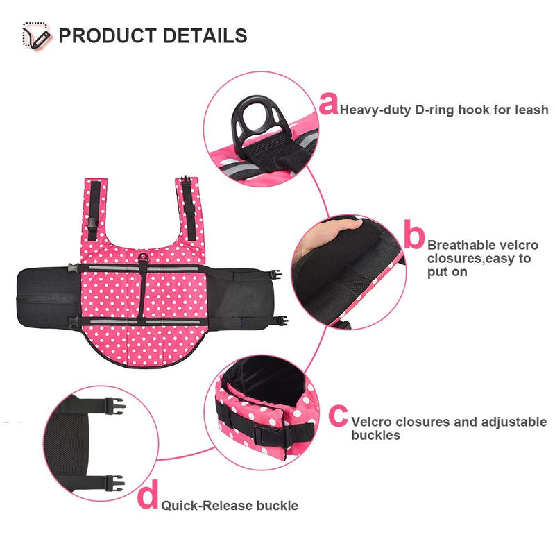 Doglay Dog Life Jacket, Dog Life Vest for Swimming Boating, Adjustable Puppy Life Jacket with Reflective Stripes, Superior Buoyancy Dog Swimming Vest for Small Medium and Large Dogs pink dot