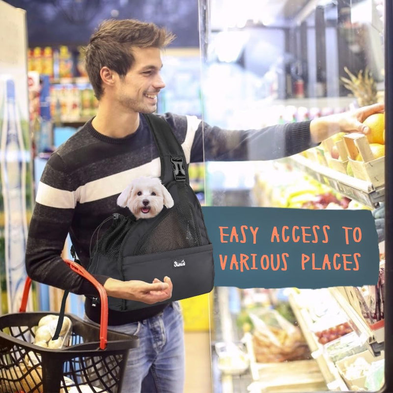 SlowTon Pet Dog Sling Carrier, Hands Free Hard Bottom Papoose Small Animal Puppy Up to 6 lbs Travel Bag Tote Breathable Mesh Support Adjustable Padded Strap Pocket Safety Belt(Widened Black) For Short Leg Pets under 6lbs - PawsPlanet Australia