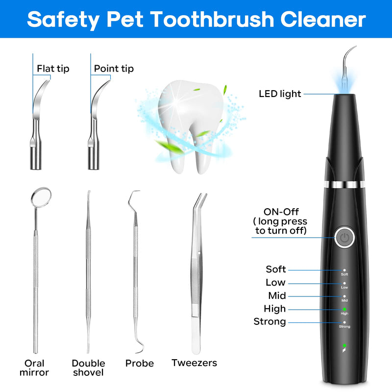 Ultrasonic Dog Teeth Cleaning Kit for Pet Teeth Cleaning, Dog Plaque Remover for Teeth, 5 Modes Dog Tartar Remover for Teeth Care to Remove Stains Calculus, 10 in 1 Pet Cleaner Toothbrush (Black) Black - PawsPlanet Australia