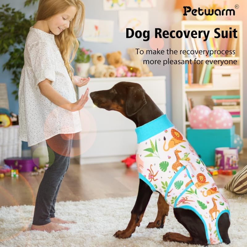 PetWarm Dog Surgery Suit, Surgical Suit for Dogs Female Spay Male Neutered, Dog Onesie for Surgery, Anti-Licking Dog Surgery Recovery Suit, Zoo Pattern, Green, XL X-Large