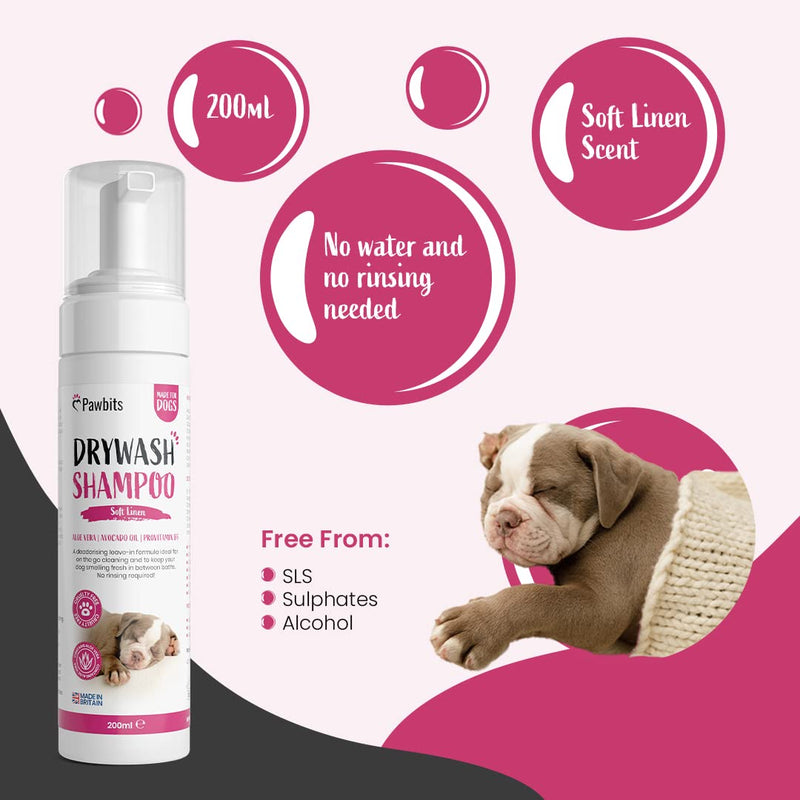 Pawbits Drywash Shampoo for Dogs - Puppy Friendly 3-in-1 Dry Shampoo to Clean, Condition & Detangle – No Water Required (Soft Linen - 200ml) Soft Linen - 200ML - PawsPlanet Australia