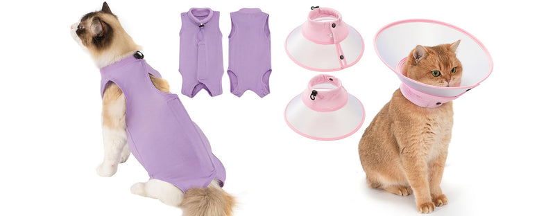 Avont Cat Recovery Suit Post-Surgery Onesie Bundle with Adjustable Cat Cone Collar, Transparent PVC Anti-Lick E-Collar - M