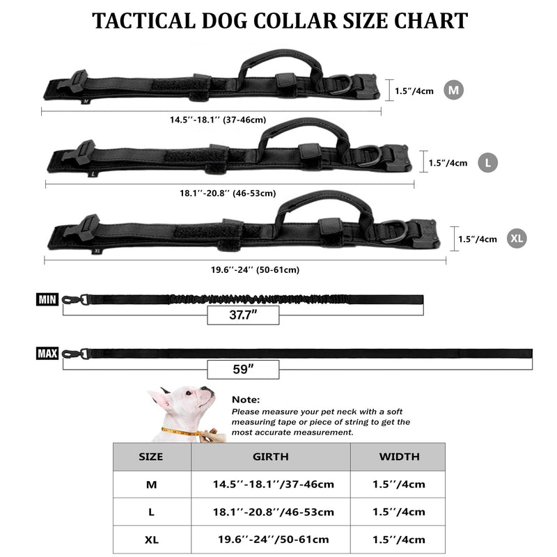 Tactical Dog Collar with Bungee Dog Leads Leash Adjustable Dog Collar with Control Handle and Heavy Metal Buckle Military Nylon Collar for Medium and Large Dogs (XL, P3-BLACK) XL - PawsPlanet Australia