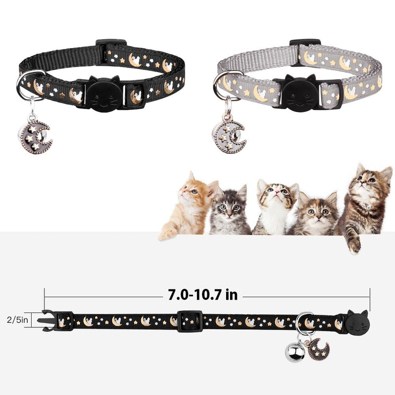 2Pcs Breakaway Cats Collars Cat Collars for Boy & Girl Cats Adjustable Kitten Collars with Bell,Black+Gray 7.0-10.7'' Black+Gray