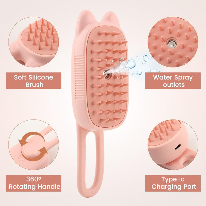 Cat Steam Brush for Shedding, 4 in 1 Rechargeable Steam Brush with Foldable Handle for Cats and Dogs, Pet Comb for Cats, Massage, Cleaning, Shedding & Combing All In One(COLOR:Pink) Pink - PawsPlanet Australia