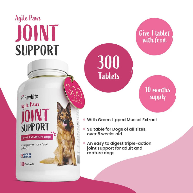Pawbits 300 Adult Senior Dog Hip & Joint Supplements for Older Mature Dogs. High Strength Green Lipped Mussel Supplement for Elderly Dogs with Stiff Joints - Glucosamine, Vitamin C & E - PawsPlanet Australia