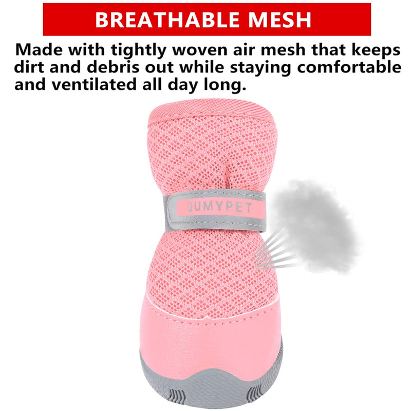 QUMY 4PCS Dog Shoes for Small Dogs, Hot Pavement Summer Puppy Dog Boots & Paw Protectors with Soft Anti-Slip Rubber Sole, Mesh Breathable Dog Booties for Hardfloors, Walking Running Pink Size 2 size 1: 1.29"x0.98"(L*W) - PawsPlanet Australia