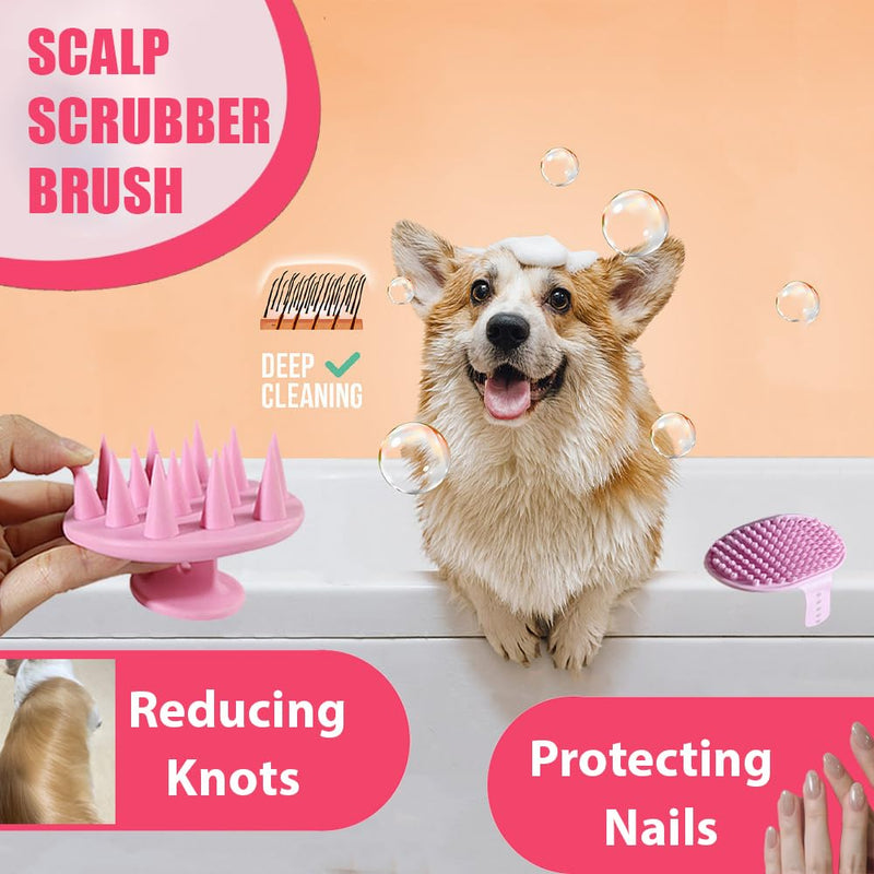 Dog Bath Brush Bathing Kit 5PCS - Pet Washing Brush, Dog Brush for Shorted Haired Dogs, Dog Scrubber for Bath, Scalp Scrubber Hair Bath Brush Set Pink D-BATH 5 KITS