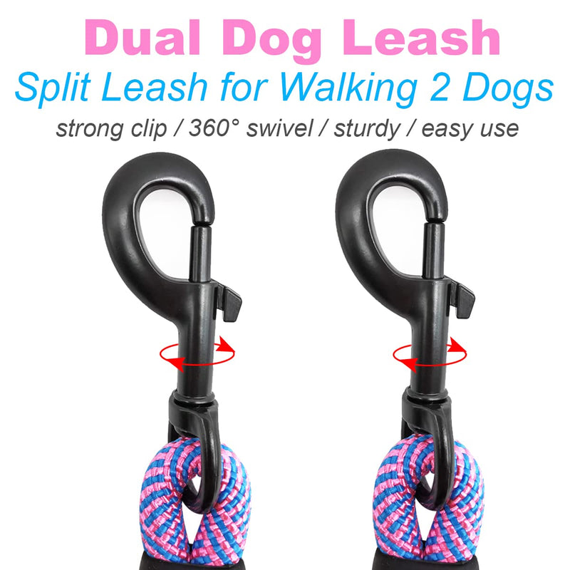 Double Dog Leash Coupler, Extension Rope for Two Dogs, No Tangle Dual Dog Lead Splitter for Large Medium Dogs Over 40 lbs (1/2" X 33"- Pinkblue) Large (1/2"D x 33"L)