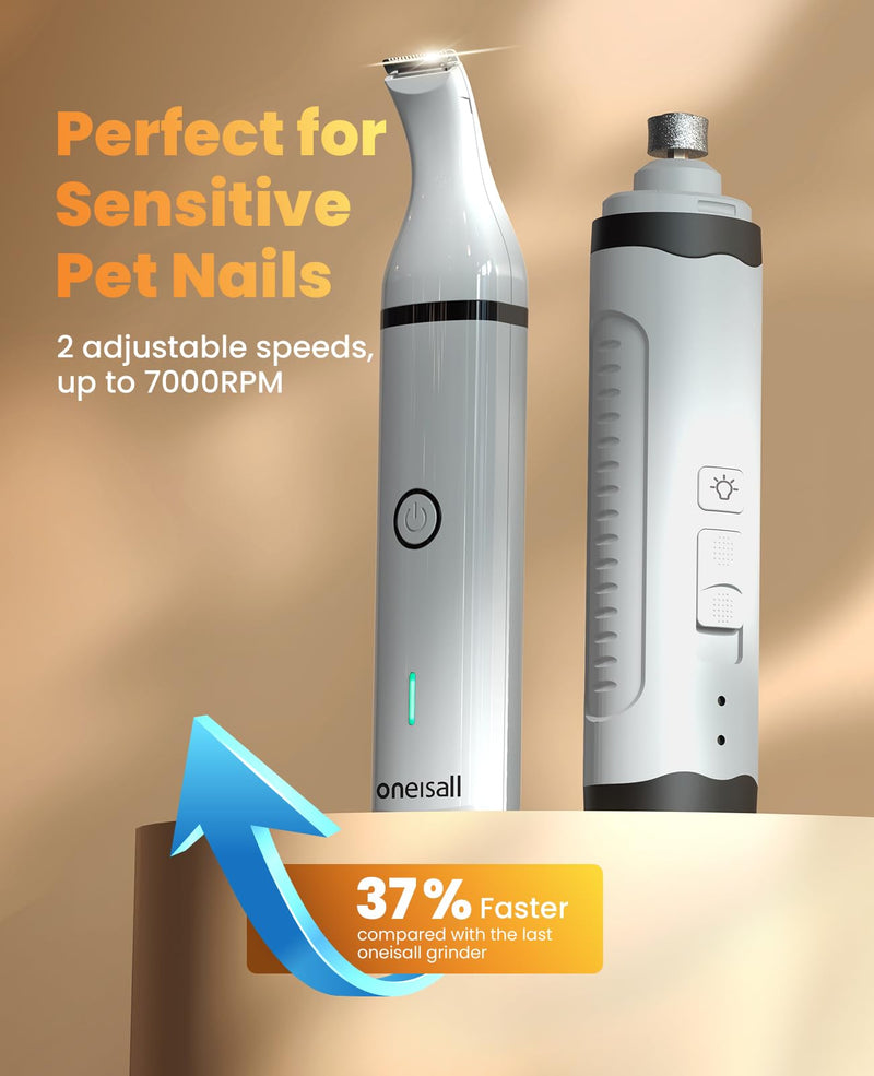 oneisall Dog Nail Grinder and Paw Trimmer Kit 3 in 1 Quiet Rechargeable Electric Pet Nail Grinder with 2 LED Lights and Cordless Dog Grooming Safe Clippers - PawsPlanet Australia