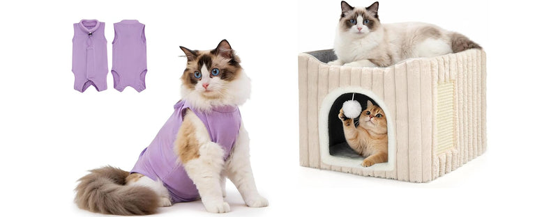 Avont Cat Recovery Suit Female Kitten After Spay Surgery Bundle with 3-in-1 Cat House for Indoor Cats