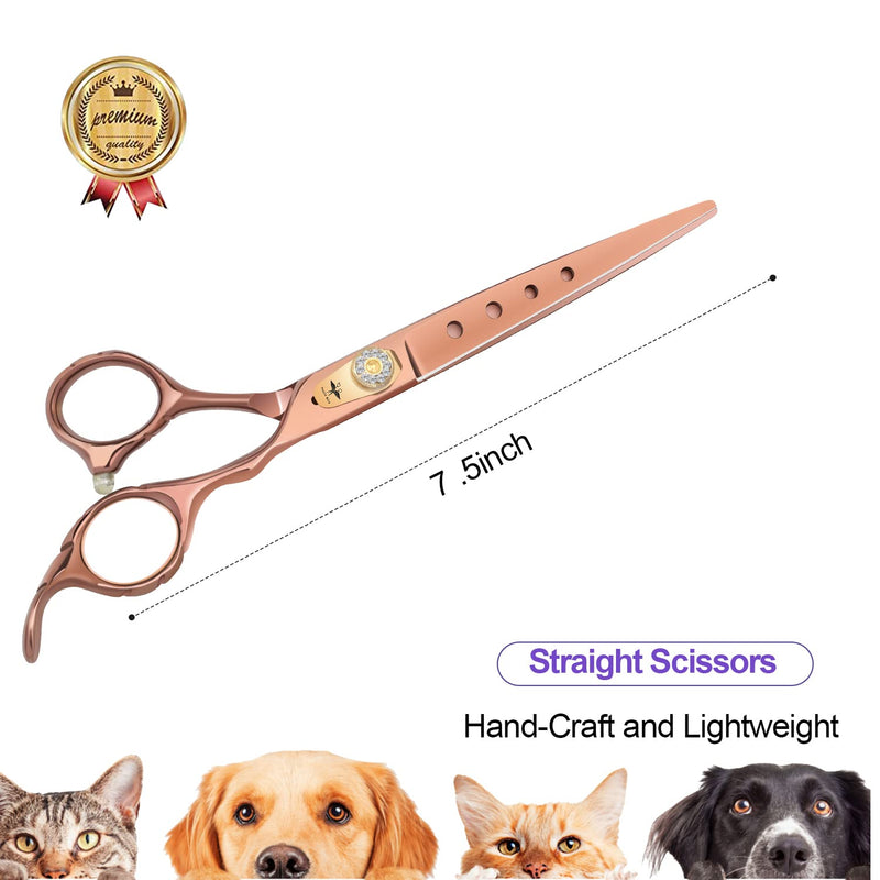 PURPLEBIRD 7.5 Inch Straight Dog Grooming Scissors Pet Cutting Shears Professional with 4 Holes Safety Noiseless Blunt Tip Trimming Shearing for Dogs Cats Japanese Stainless Steel Bronze 7.5in Cutting - PawsPlanet Australia