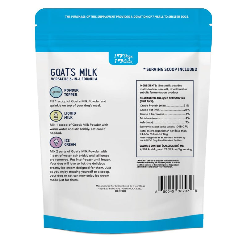 iHeartDogs Goat’s Milk for Dogs & Cats - 3-in-1 Food Topper Powder, Liquid Milk or Dog Ice Cream - Powdered Goat Milk with Probiotics