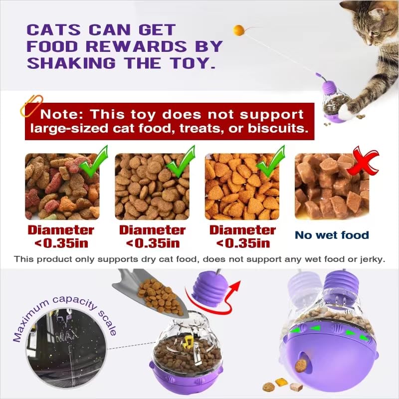 Cat Toys for Bored Indoor Adult Cats, 2 in 1 Cat Treat Dispenser Toy, Tumbler Interactive Cat Toys with Teaser Wand, Cat Food Dispenser - Ideal for Exercise and Boredom Relief (Purple) - PawsPlanet Australia