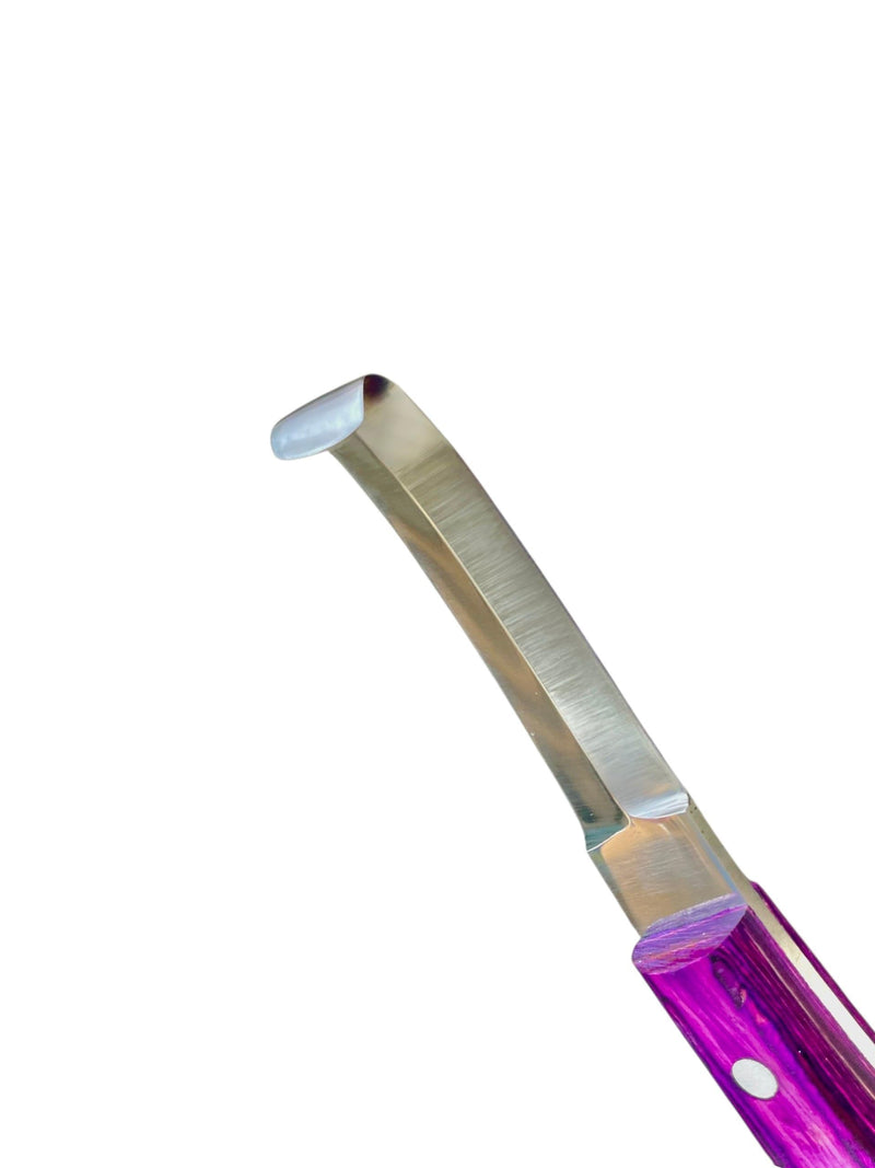 Double-Edge Blade Hoof Knife, J2 420 Magnetic Stainless Steel, Right-Hand, Ergonomic Purple Handle, Professional Farrier Trimming Tool