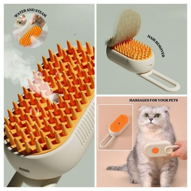 3-in-1 Steam Pet Brush for Cats & Dogs – Self-Cleaning Grooming Comb with Spray Mist, Massage & Shedding, Rechargeable USB, Anti-Static, Foldable Handle – Kakhi Khaki - PawsPlanet Australia