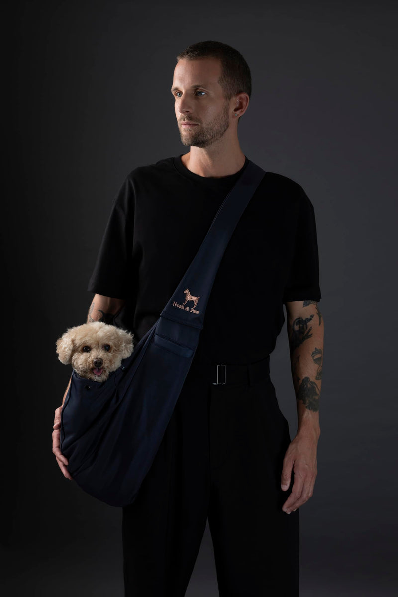 Noah & Paw Dog Sling Carrier for Small Dogs 5-18lb, Dog Sling for Small Dogs and Cats, Dog Carrier with Adjustable Padded Strap, Premium Twill, Lined with Fur, Double Safety Feature, Machine Washable Navy Blue 46 cm L x 33 cm W x 17 cm H - PawsPlanet Australia