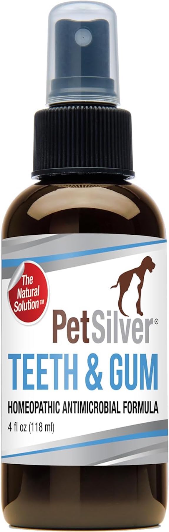 PetSilver Teeth & Gum Spray, Patented Chelated Silver, Natural Dog Breath Freshener, Cat and Dog Dental Cleaning without Brushing, Targets Tartar and Plaque, Dog Dental Spray, Made in USA, 4 oz. 1 Count (Pack of 1)