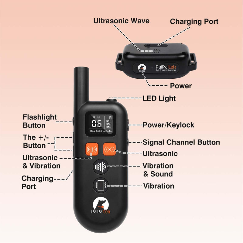 PaiPaitek No Shock Dog Training Collar with Remote 3300ft Range, Humane Vibrating Dog Collar, 3 Modes Ultrasonic, Beep, Vibration for Small Medium Large Dogs - Security Lock & No Prongs Black - PawsPlanet Australia