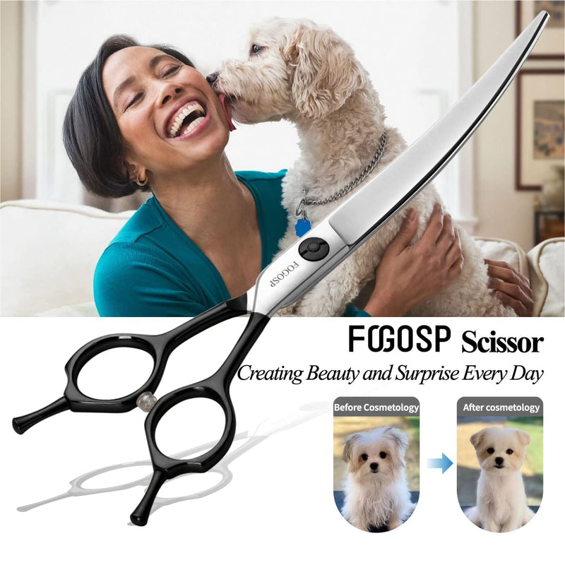 Curved Dog Grooming Scissors Professional 7" Grooming Shears for Dogs Pet Right Handed Groomer Japan 440C Stainless Steel (7 in Curved, Black) 7 in - PawsPlanet Australia