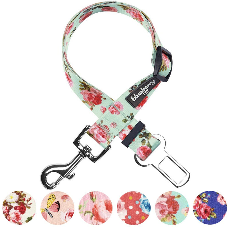 Blueberry Pet 8 Patterns Spring Scent Inspired Floral Rose Print Turquoise Adjustable Dog Seat Belt Tether for Dogs Cats, Durable Safety Car Vehicle Seatbelts Leads Use with Harness 16.5-25.5 Inch (Pack of 1) - PawsPlanet Australia