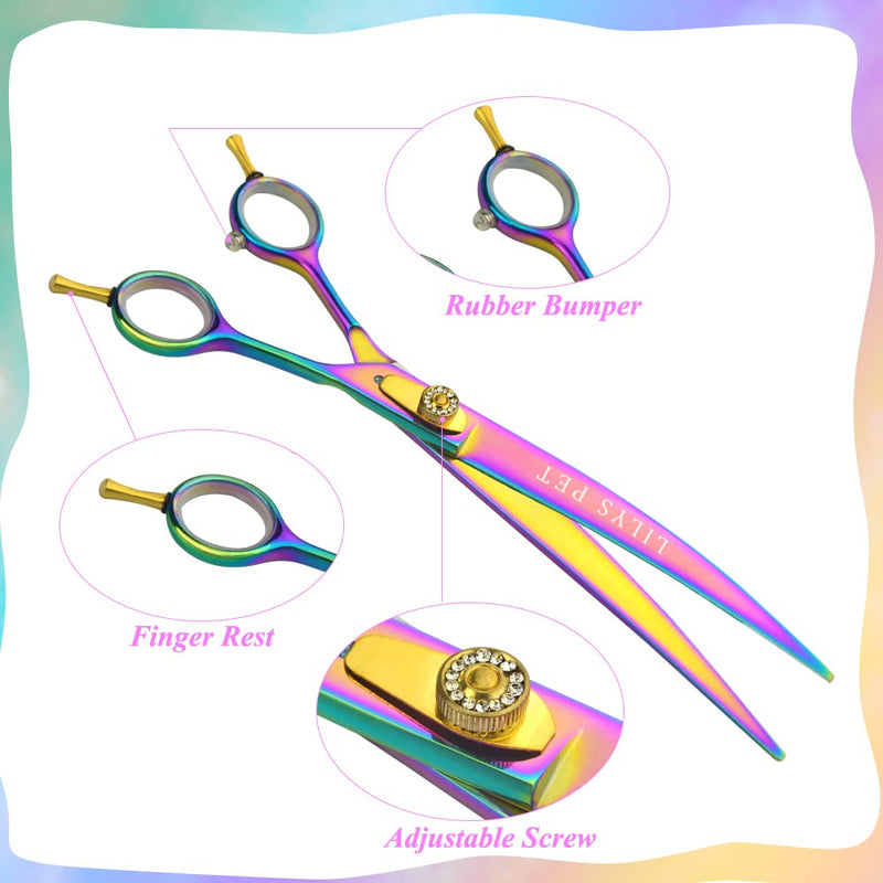 LILYS PET HIGH-END SERIES Japan 440C Stainless Steel Professional Pet Grooming Scissors Set,Rainbow Color,Cutting&Thinning&Two-way Curved shears Set (8.0") - PawsPlanet Australia