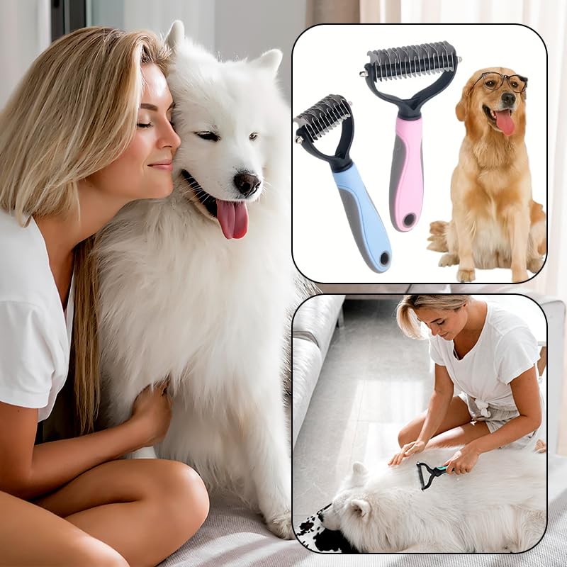 2-Sided Dematting & Deshedding Comb for Dogs & Cats – Undercoat Detangler Brush for Shedding, Matted Hair & Fur Remover Tool, Ergonomic Handle for Stress-Free Pet Grooming (Grey) Grey