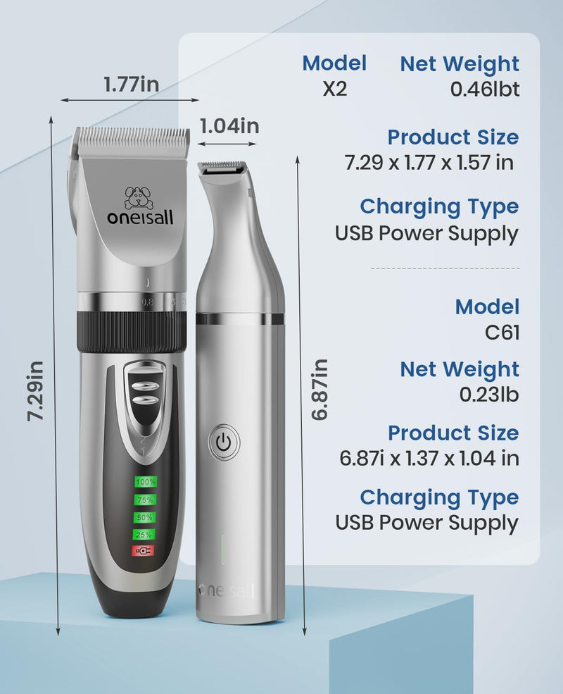 oneisall 2 in 1 Pet Cat & Dog Grooming Kit - Quiet Cordless Dog Clippers & Paw Trimmer for Grooming Pet Hair Silver - PawsPlanet Australia
