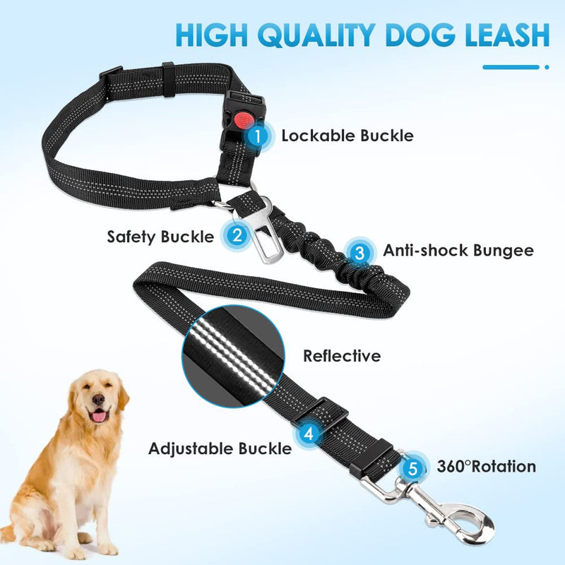 SlowTon Dog Seat Belt for Car, 2 Pack Dog Car Harness Seatbelt Adjustable with Elastic Bungee Buffer, 2 in 1 Pet Car Leash Headrest Restraint Dog Reflective Safety Tether (Black, Headrest+Clip) A.Black Headrest + Clip (Dual Restraint) - PawsPlanet Australia