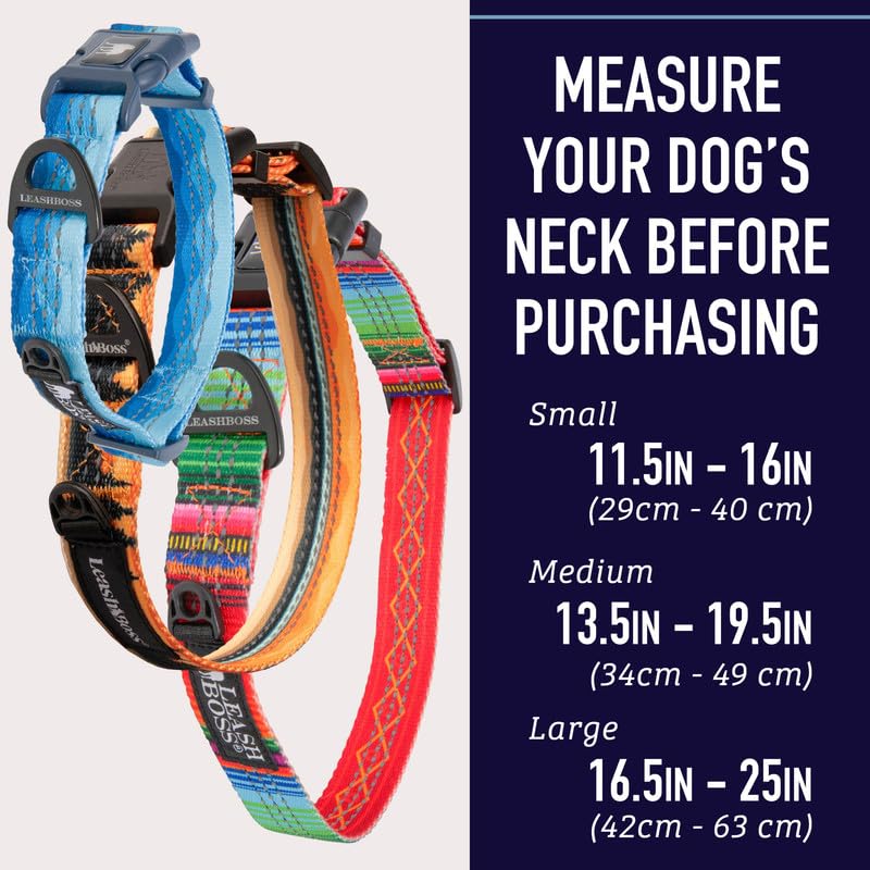 Leash Boss Patterned Reflective Dog Collar, Pattern Collection, Colorful Dog Collar with Triple Reflection Threads for Small, Medium and Large Dogs (Medium 13.5"-19.5" Neck x 1" Wide, Blanket Pattern) Medium (13.5-19.5" Neck x 1" Wide) Orange - PawsPlanet Australia