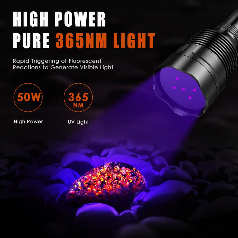 UniqueFire 365nm Black Light UV Flashlight with 5 LEDs Professional UV Light, 50W Powerful Blacklight Flashlight Rechargeable for Pet Urine Finding & Mineral, Antique Detection, Scorpion Search, etc - PawsPlanet Australia