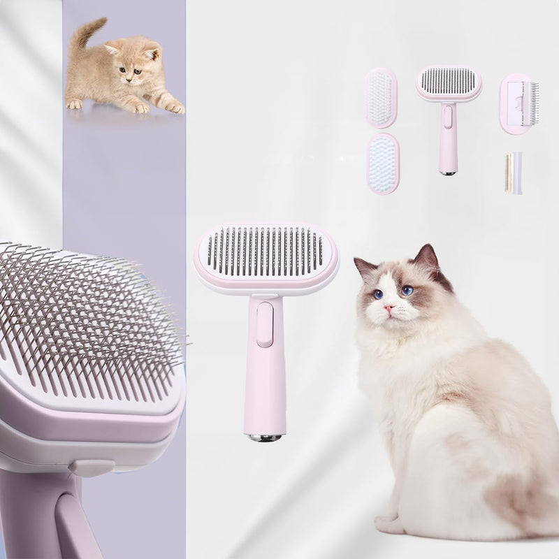 Kir Cat Brush with Release Button, Cat Comb with 5 heads, Pet Hair Remover, Cat Brushes for Indoor Cats Shedding, Pet Massaging Tool Suitable for Pets with Long or Short Hair (pink) pink - PawsPlanet Australia