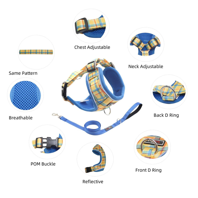 THAIN Reflective Dog Harness & Leash Set – No-Pull Design, Adjustable & Comfortable for Small Dogs (XS, Yellow Plaid) XS - PawsPlanet Australia