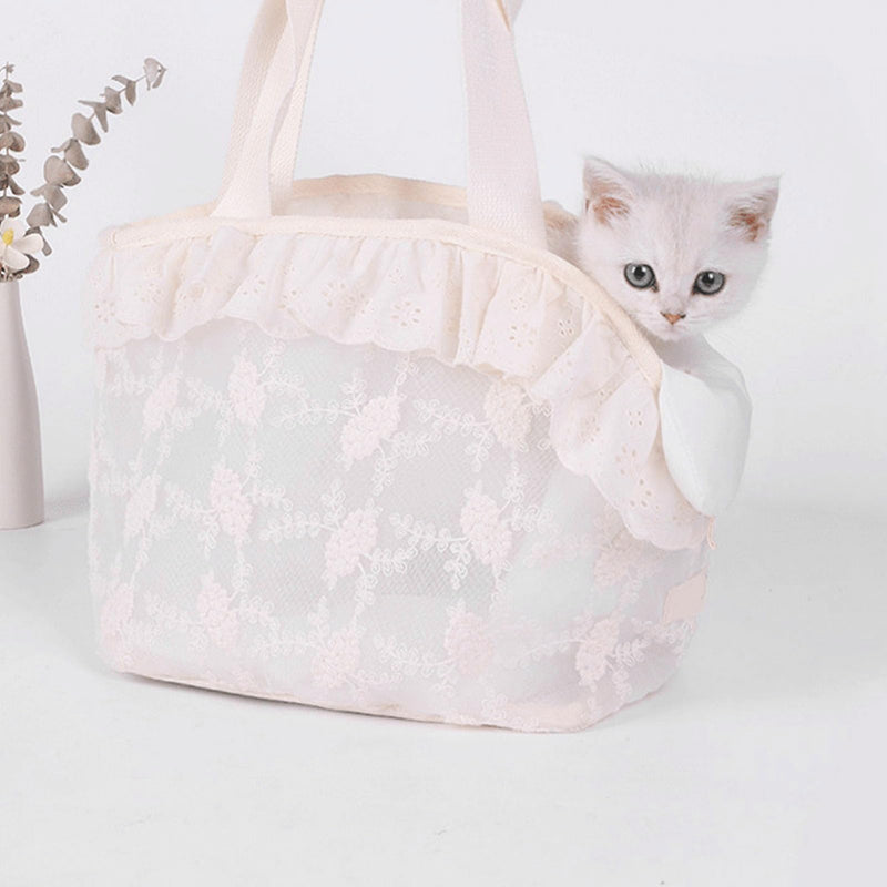 Lace Dog Cat Purse Carrier Breathable Large Capacity Prevents Breaking D Ring Pet Travel Handbag Beige (L) - PawsPlanet Australia