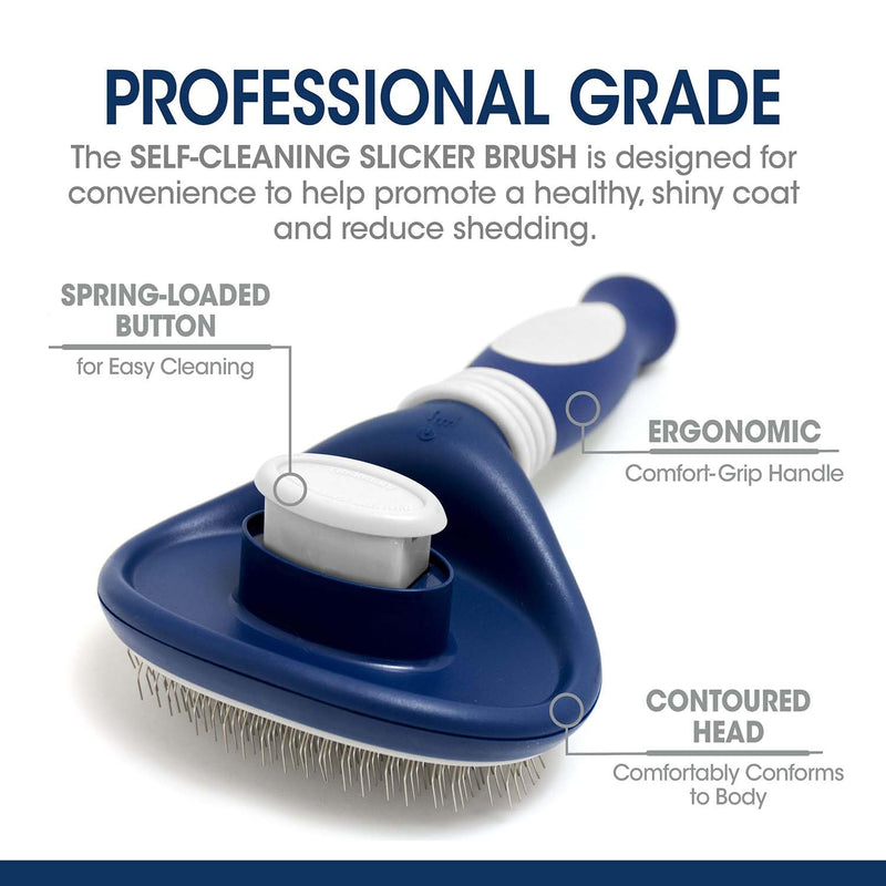 Four Paws Slicker Brush, Professional Series Grooming Brush for Dogs & Cats, Self-Cleaning, Reduces Shedding, All Coat Types, Blue & Grey - PawsPlanet Australia