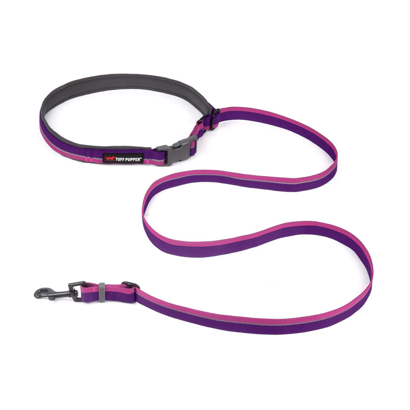 Tuff Pupper Hands Free Adjustable Length Dog Leash | Lightweight for Running Jogging Walking | Padded Waist Belt (24-50 inch) | Adjusts 3 to 6 Feet Length | Strong Ballistic Nylon w/Reflective Strips Punch Purple - PawsPlanet Australia