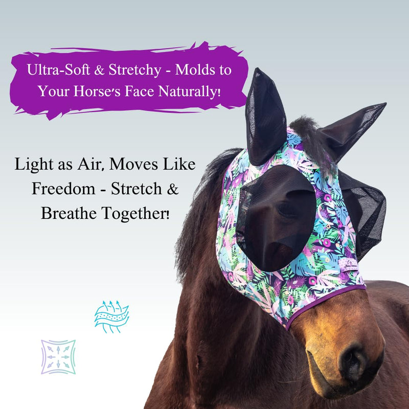 Stretchy Horse Fly Mask with Ears,Extra-Large Eyes & Mane Opening – Soft, Breathable Fly Mask for Horses, Tangle-Free Design, Enhanced Visibility (Purple Leaves, Full (Large)) Full (Large) Purple Leaves - PawsPlanet Australia