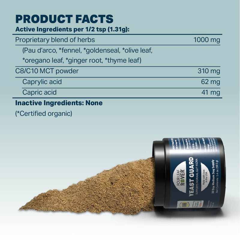 Yeast Guard - Dog Gut Health Probiotics Support Powder - Organic Herbs for Flora and Immune Support - 7 to 60 Day Supply, Depending on Dog’s Weight - Vet Formulated - for All Breeds - PawsPlanet Australia
