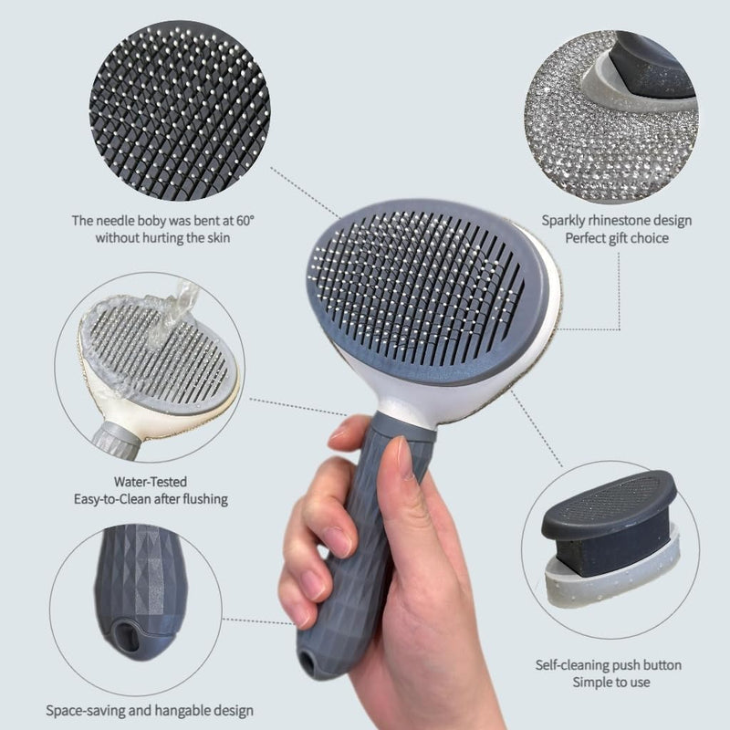 Diamond Rhinestone Cat Hair Brush Deshedding Brush Dog Hair Remover Tool Stainless Steel Comb Slicker Brush with Release Button for Dog Cat Rabbit Shedding Pets Grooming (Gray) gray - PawsPlanet Australia