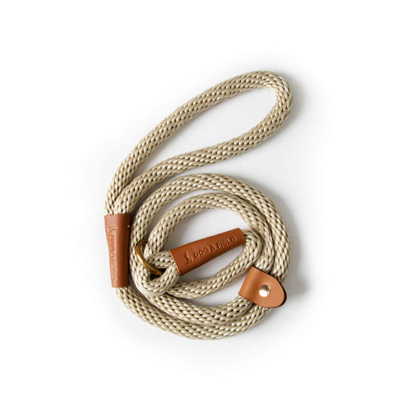 Dog & Field Lux Woven Slip Lead - Ivory. 1.2m Soft Braided Rope Dog Training Lead With Brass Fittings & Leather Bindings. No Collar Or Harness Needed, One Size