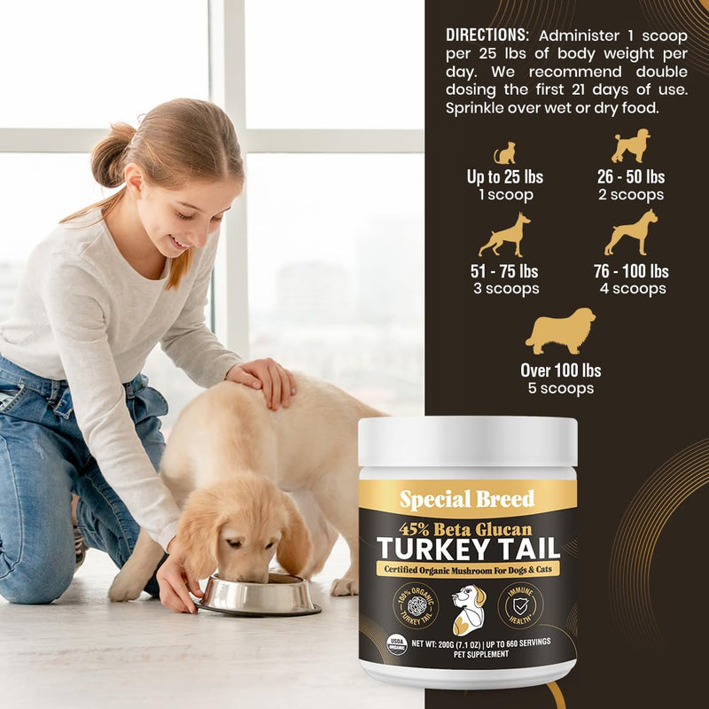Organic Turkey Tail Mushroom for Dogs and Cats, 45% Beta Glucan Standardized, Hot Water Extracted Whole Fruiting Body, Third Party Tested, Immune and Gut Support, No Fillers, Made in USA, 660 ct 7.1oz