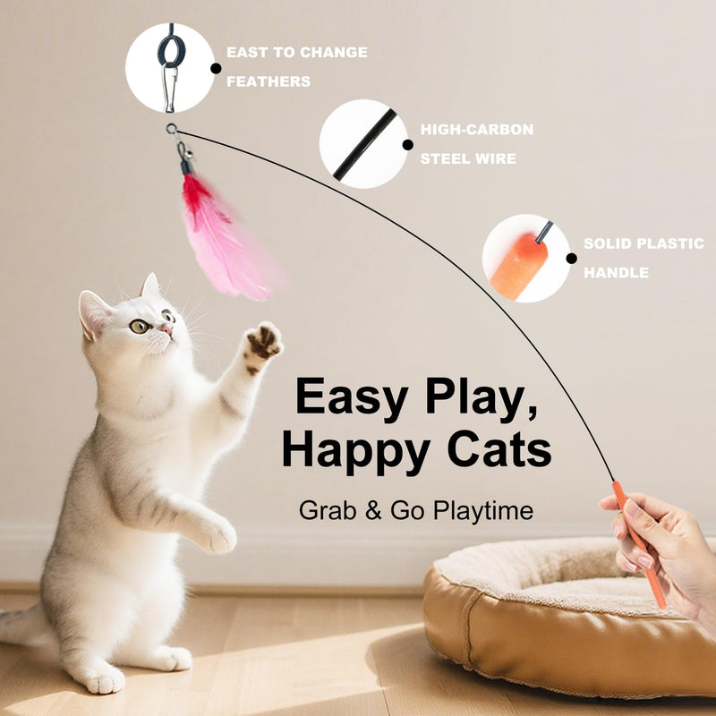 Cat Feather Wands with Replacement Feathers, Interactive Wand Toys, Feathers & Bell, Teaser Wand for Kittens and Adult Cats, Indoor Play to Exercise - PawsPlanet Australia