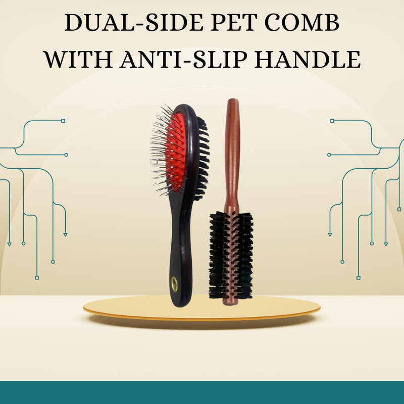 Professional Pet Grooming Brush, 2-in-1 Pin and Bristle Combo, Anti-Slip Handle, for All Coat Types (BROWN COLOR) BROWN COLOR - PawsPlanet Australia