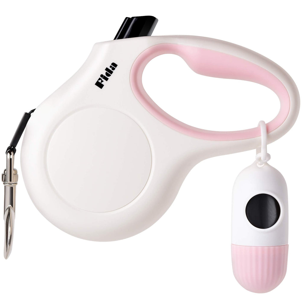 Fida Retractable Dog Leash for Small Breed up to 26 lbs, 16 ft Pet Walking Leash with Dispenser and Poop Bags, Anti-Slip Handle, Reflective Strong Nylon Tape, One-Handed Brake (S, White & Pink) Small, 16ft