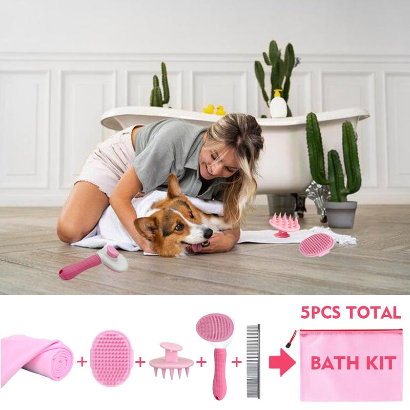 Dog Bath Brush Bathing Kit 5PCS - Pet Washing Brush, Dog Brush for Shorted Haired Dogs, Dog Scrubber for Bath, Scalp Scrubber Hair Bath Brush Set Pink D-BATH 5 KITS