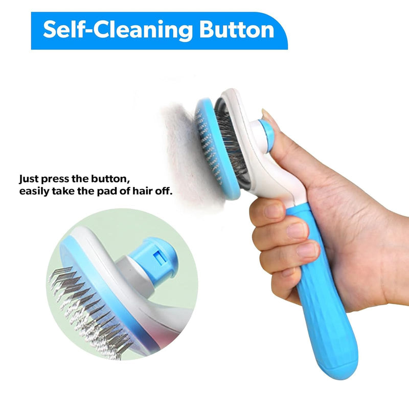 Self Cleaning Pet Slicker Brush, One-Press Release Button Pin Brush for Cats/Rabbits, Long Haired Shedding Grooming Comb, Cat Dander Brushes for Long Hair with Hair Removal Gloves (Blue) Blue - PawsPlanet Australia