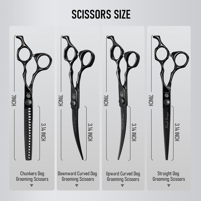Purple Dragon Dog Grooming Scissors Set - Chunkers, Straight, Up & Down Curved Scissors and Comb, 7 Inch Black Shears with Adjustable Screw for Dogs and Cats Medium - PawsPlanet Australia